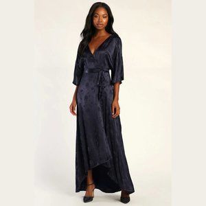 Compelling Elegance Navy Blue Satin Jacquard Maxi Dress